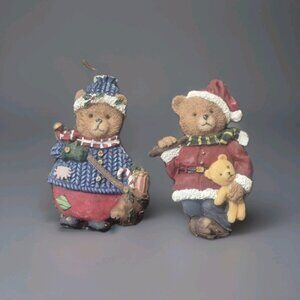 Set Of (2) Vintage Resin Teddy Bear Christmas Tree Ornaments